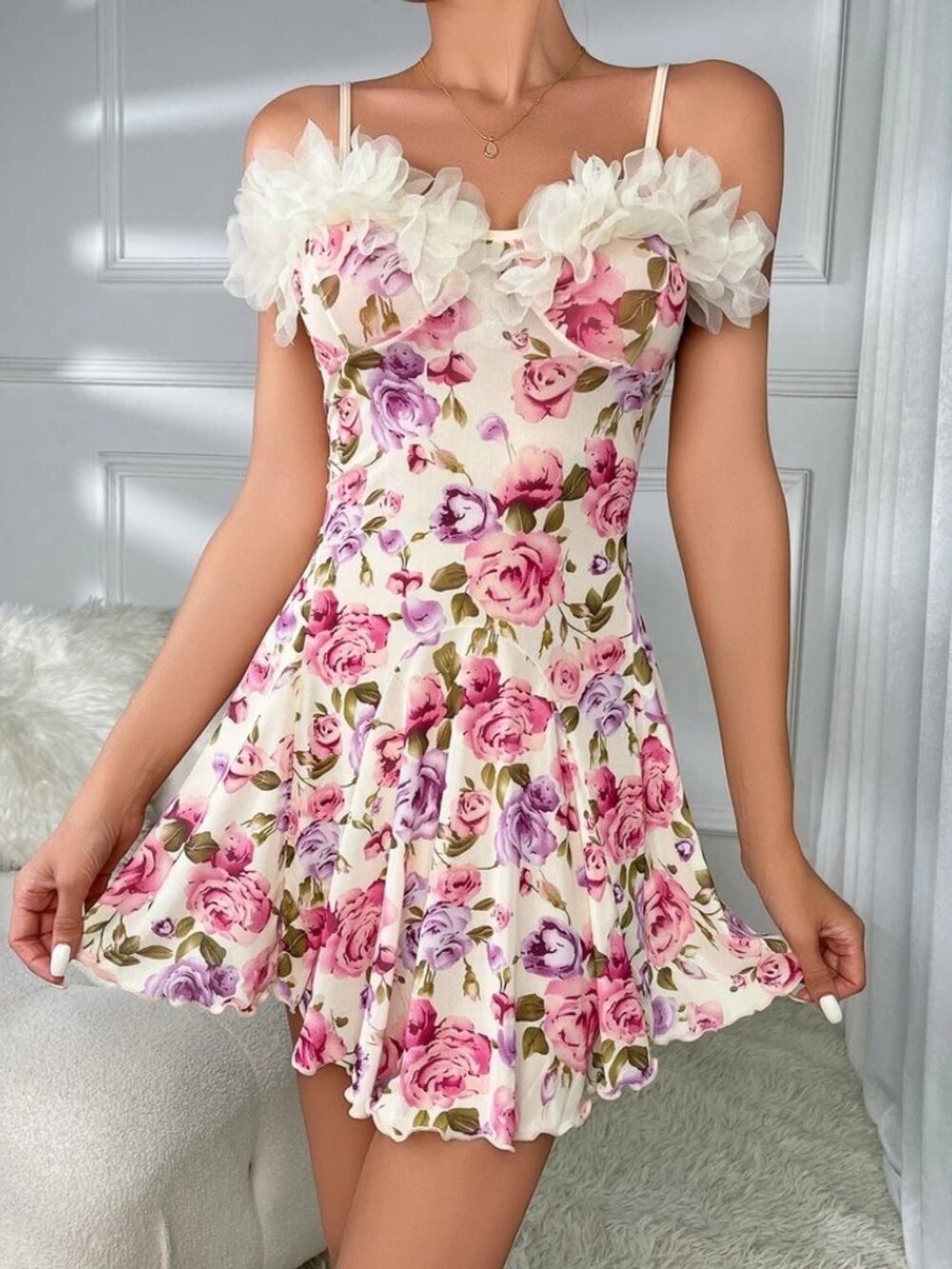 Women Sexy Lingerie Chemise Floral Babydoll Nightwear Sheer Sleepwear Dress